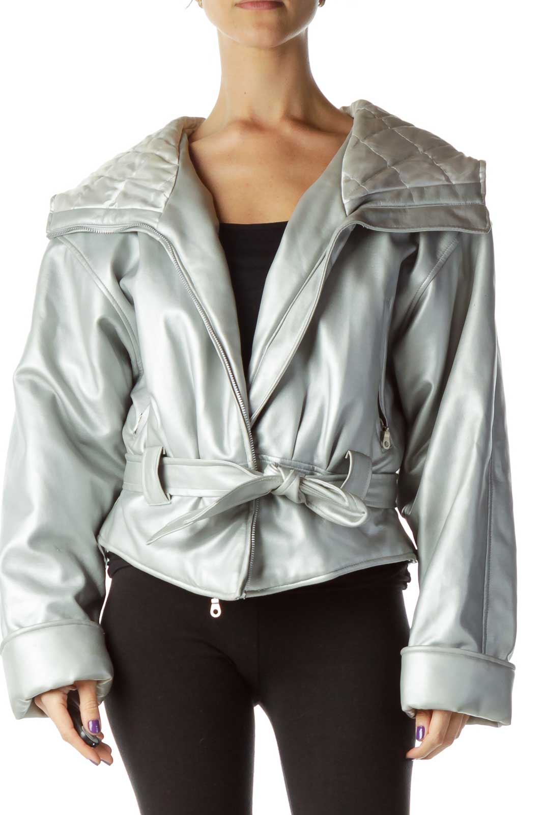 Silver Hooded Metallic Coat Front