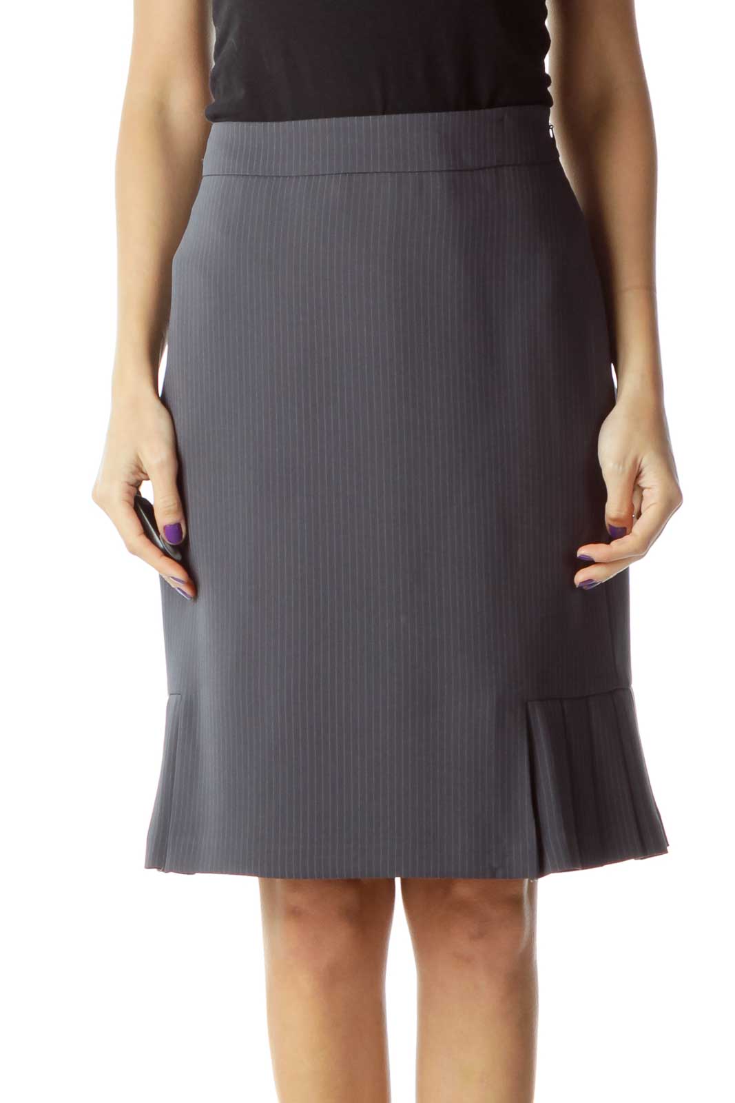 Gray Pinstripe Pleat Detail Skirt Front