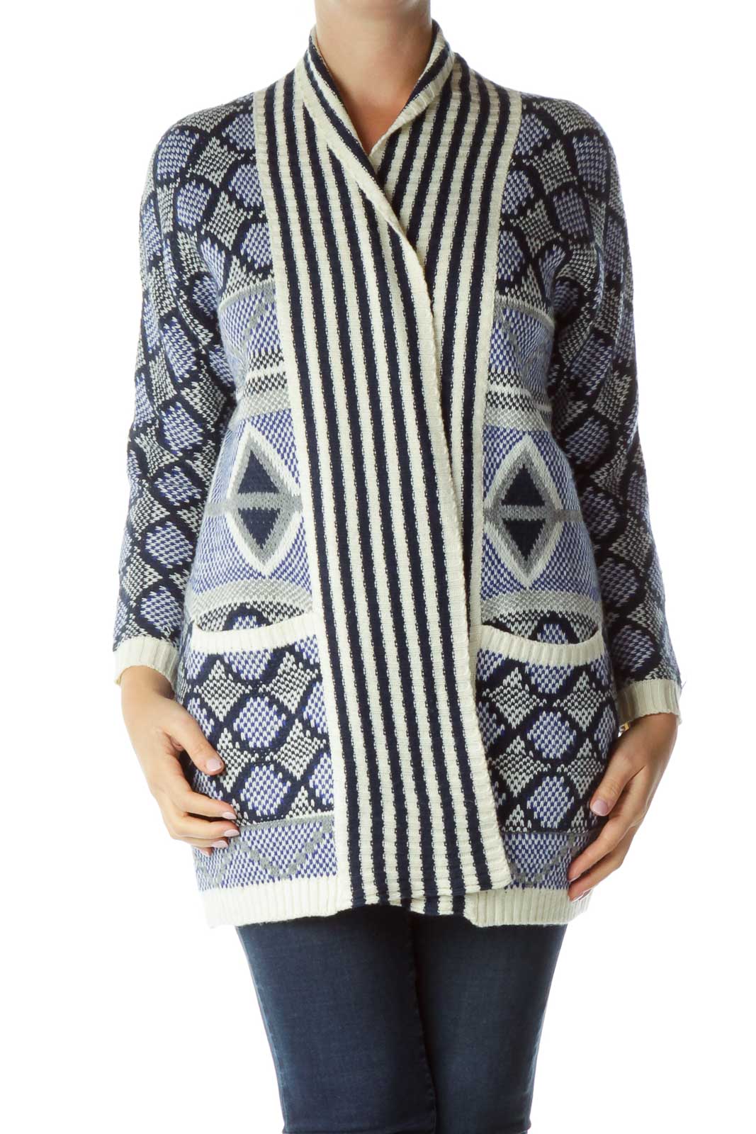 Cream Blue Knit Sweater Front