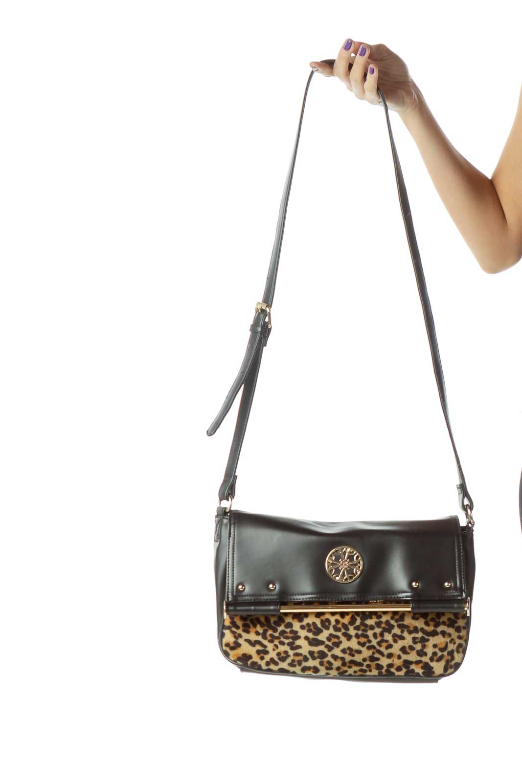 Black Faux-Leather Leopard Print Crossbody Bag Front