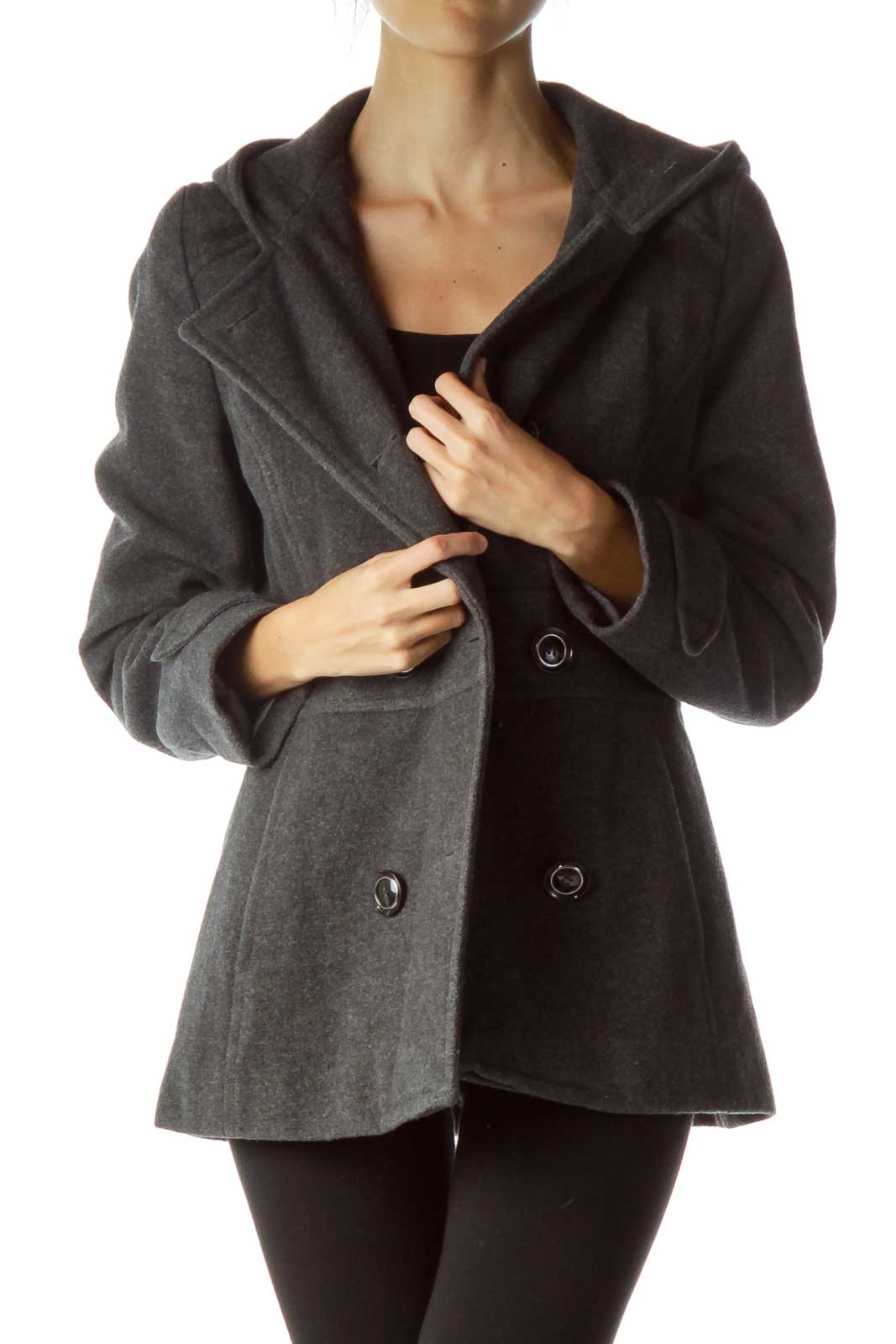 Gray Double Breasted Hooded Coat Front