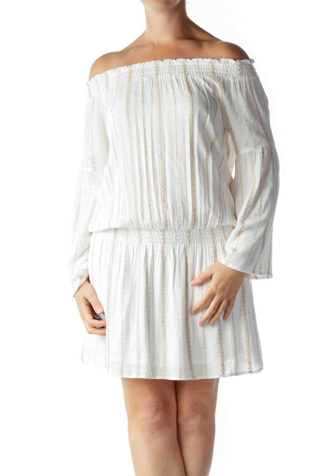 White Beige Embroidered Off-Shoulder Day Dress Front