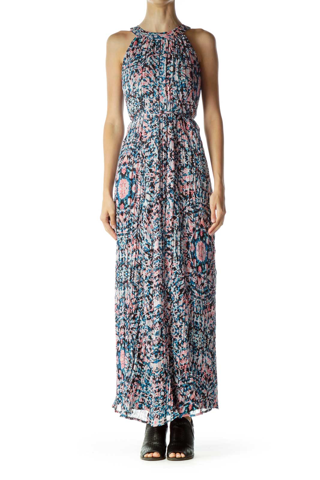 Pink Blue Printed Maxi Dress Front
