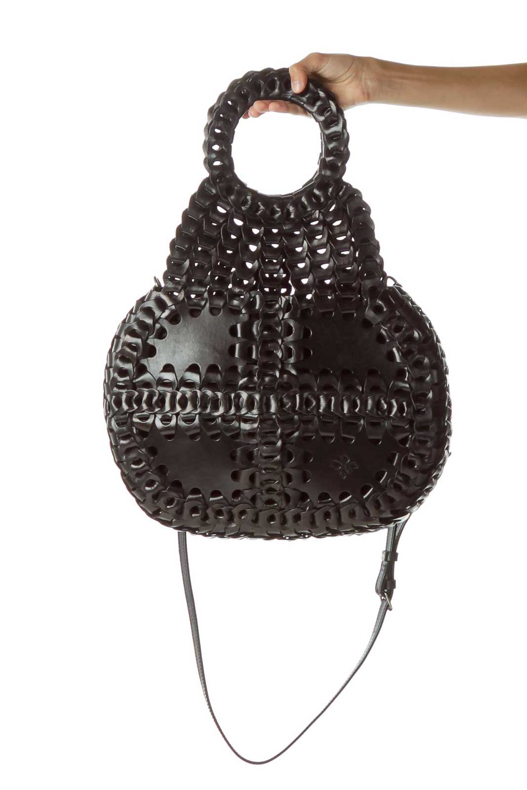 Black Woven Round Handle Leather Bag Front