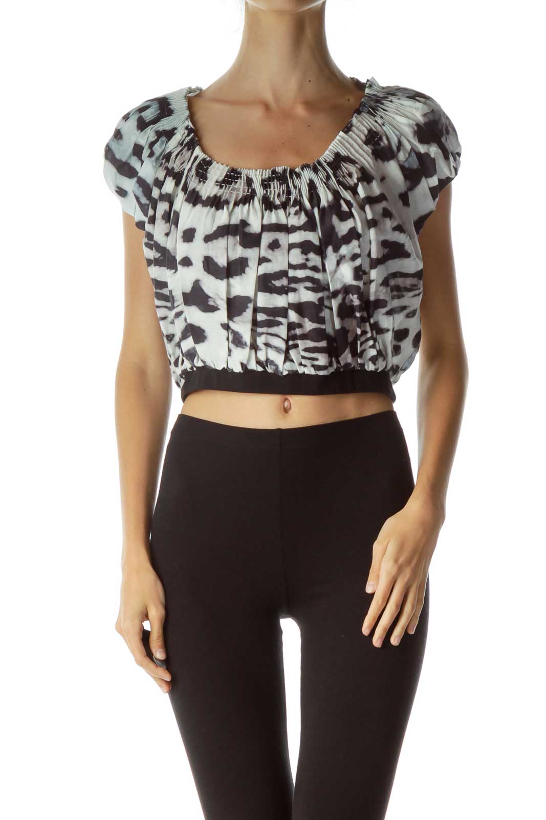 Blue Cream Printed Cropped Blouse Front