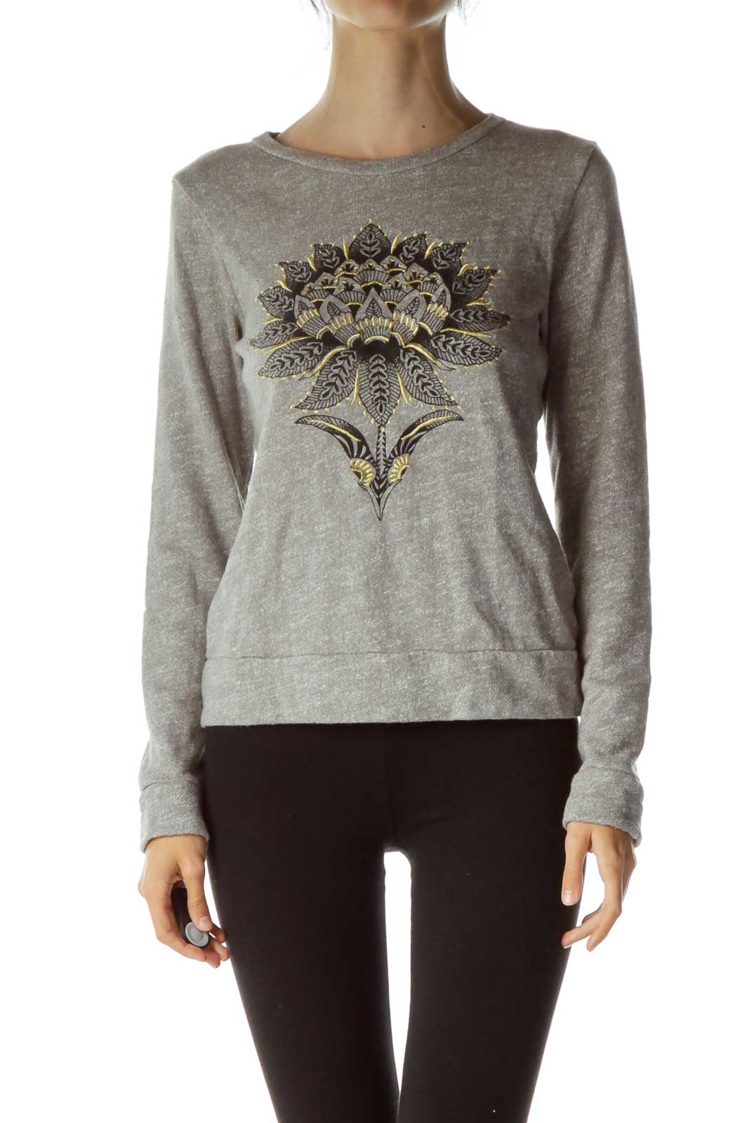 Gray Mottled Embroidered Sweater Front