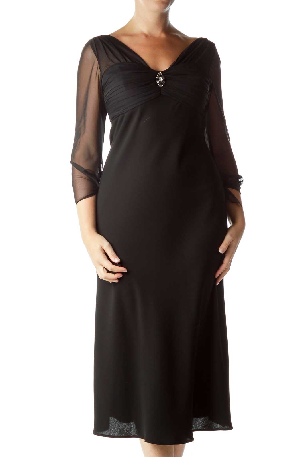 Black Sheer Evening Dress with Brooch Front