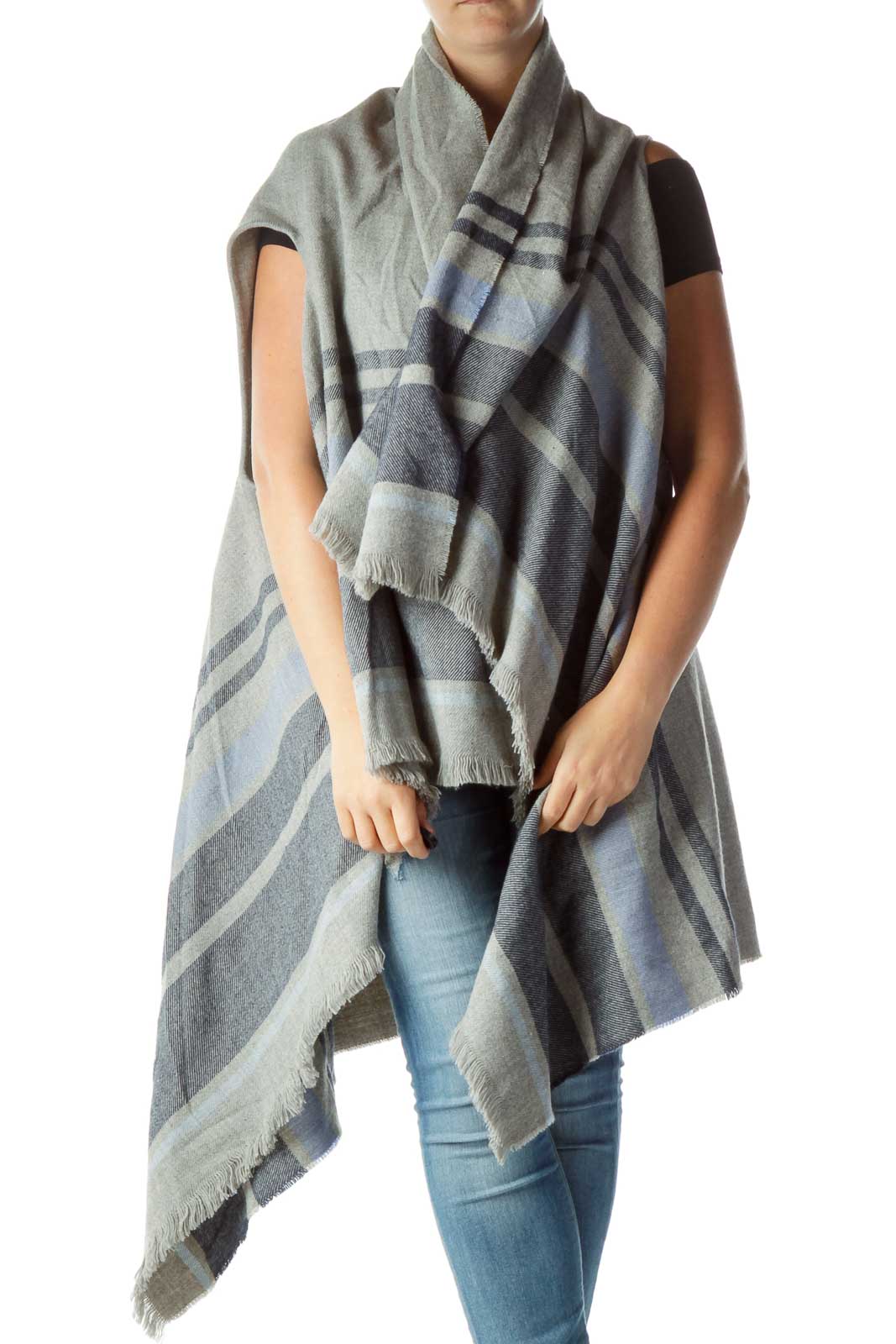 Gray Blue Striped One Size Long Cape Front