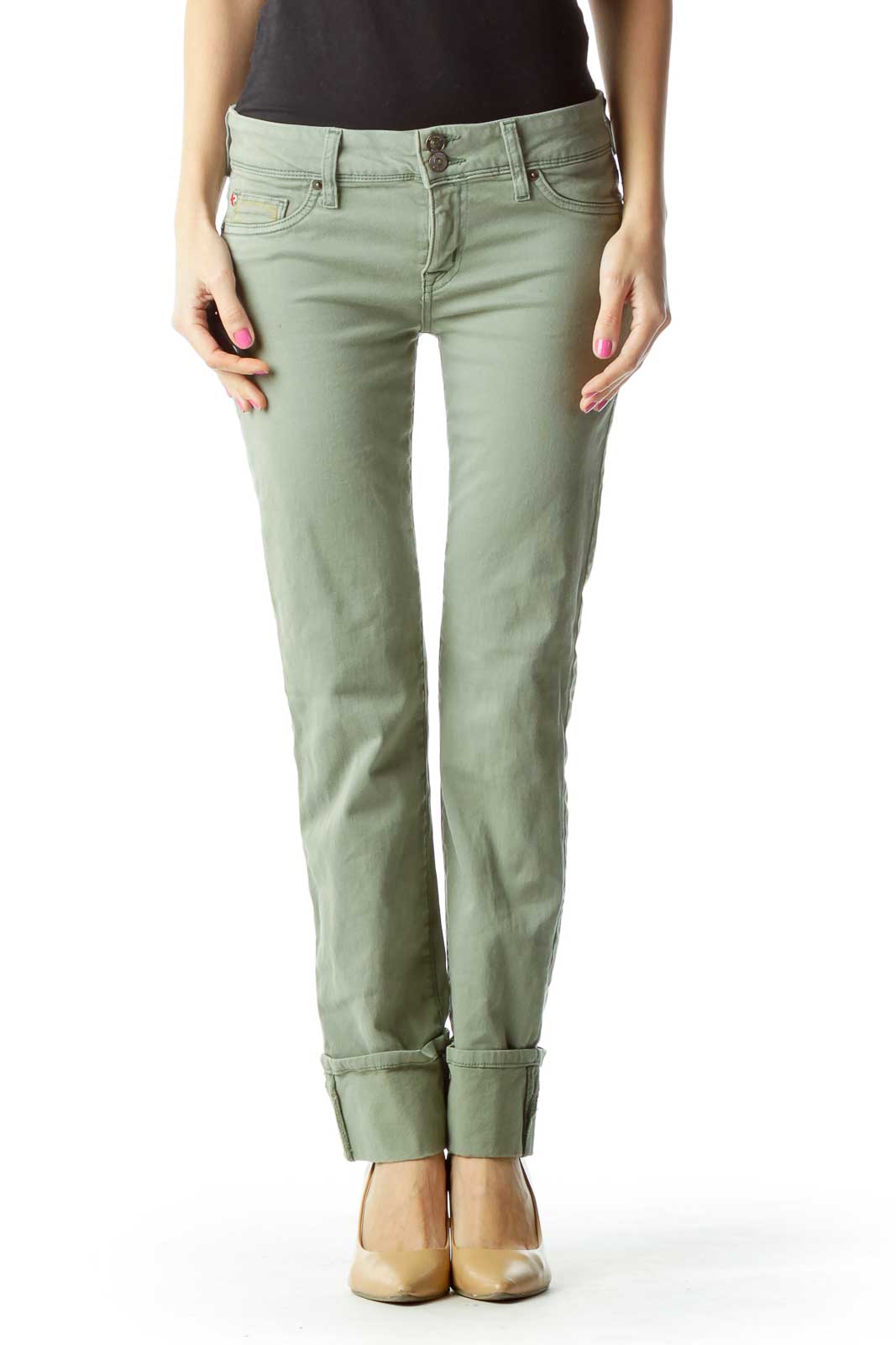 Green Cuffed Skinny Cargo Pants Front