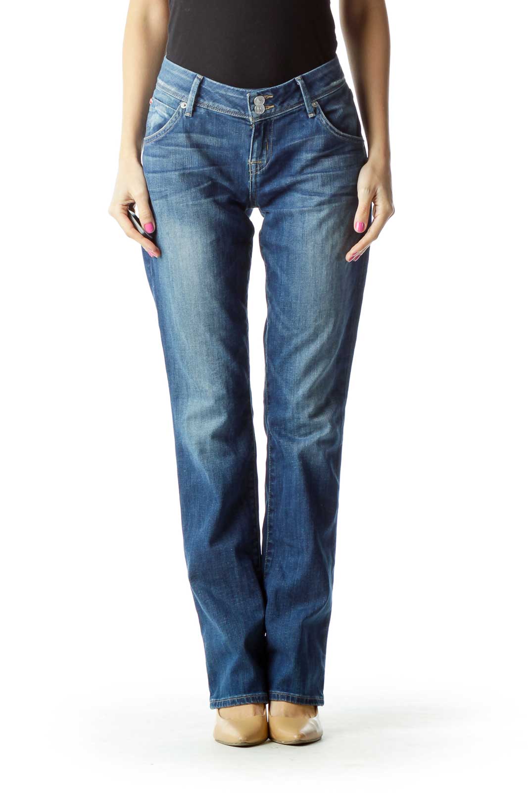 Blue Faded Straight-Leg Jeans Front