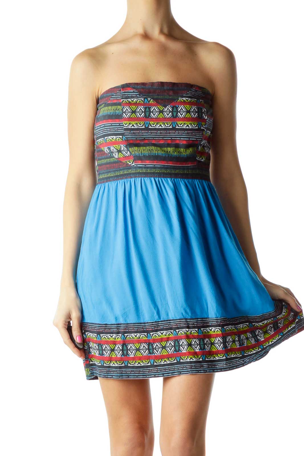Blue Red Tribal Print Strapless Day Dress Front