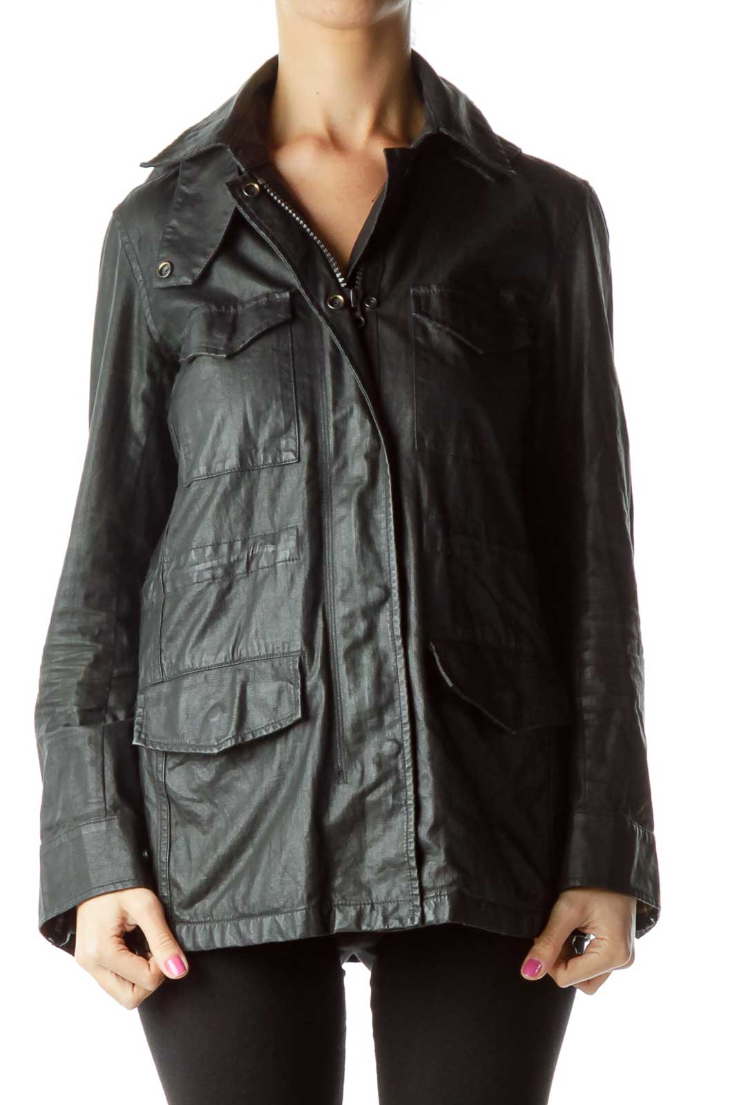 Black Hooded Denim Jacket with Pockets Front