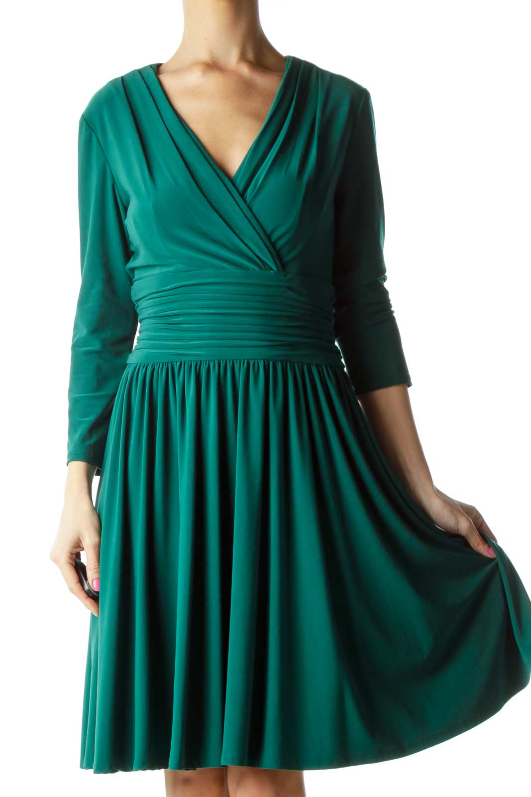 Green Scrunch Waist V-neck Dress Front