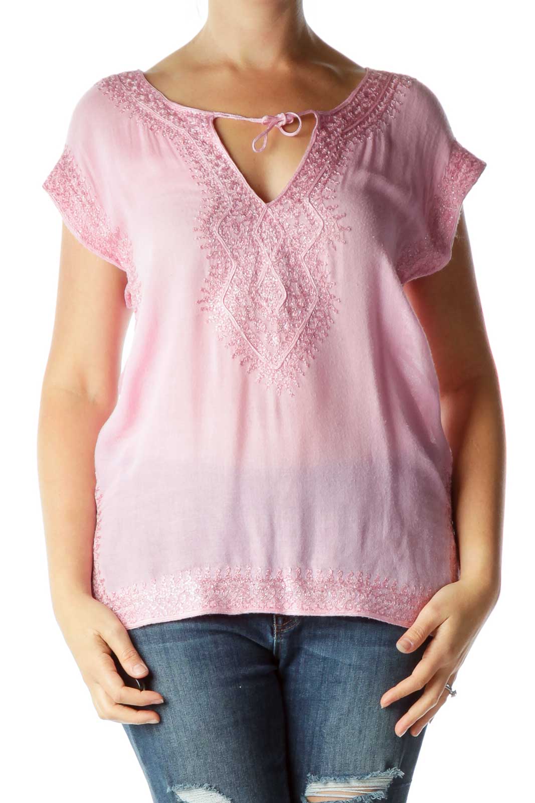 Pink Silver Embroidered Sleeveless Blouse Front