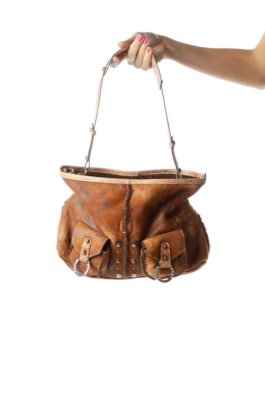 Unknown - Brown Pocketed Studded Faux Cow Hide Satchel Unknown | SilkRoll