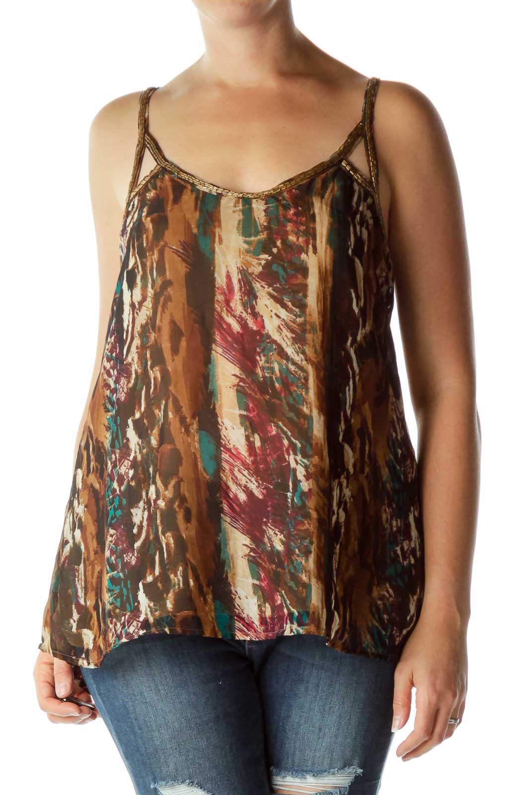 Brown Print Beaded Detail Sleeveless Blouse Front