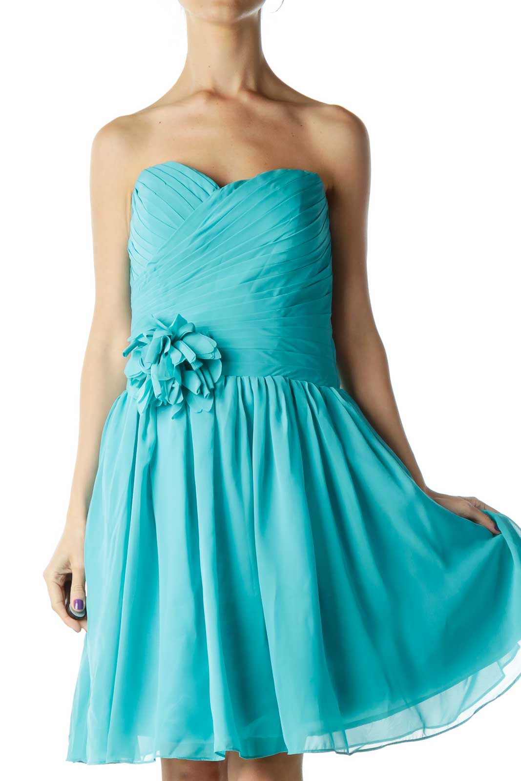 Turquoise Strapless Cocktail Dress with Flower Detail  Front