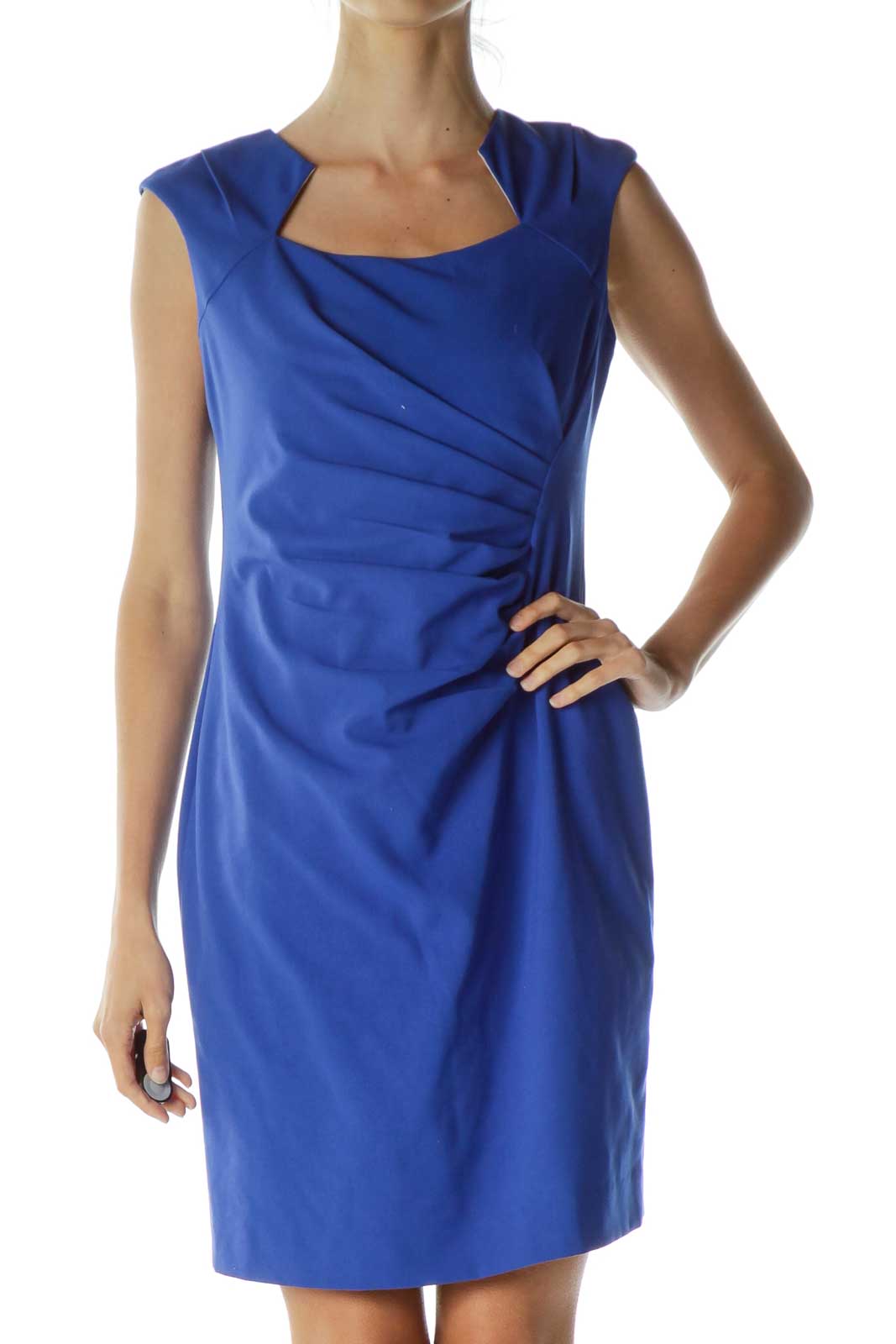 Blue Ruched Cap Sleeve Dress Front