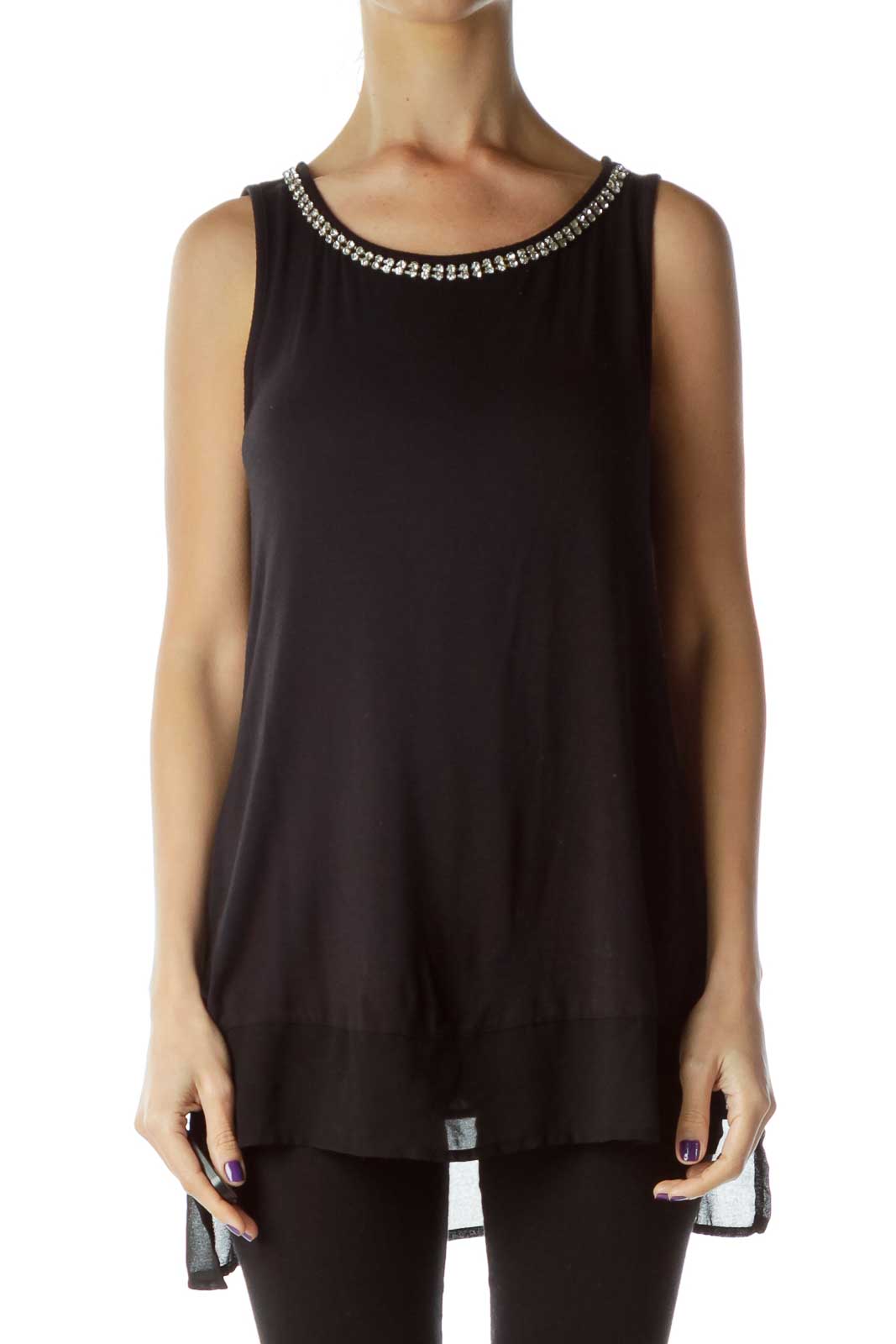 Black Tank with Bejeweled Neckline Front