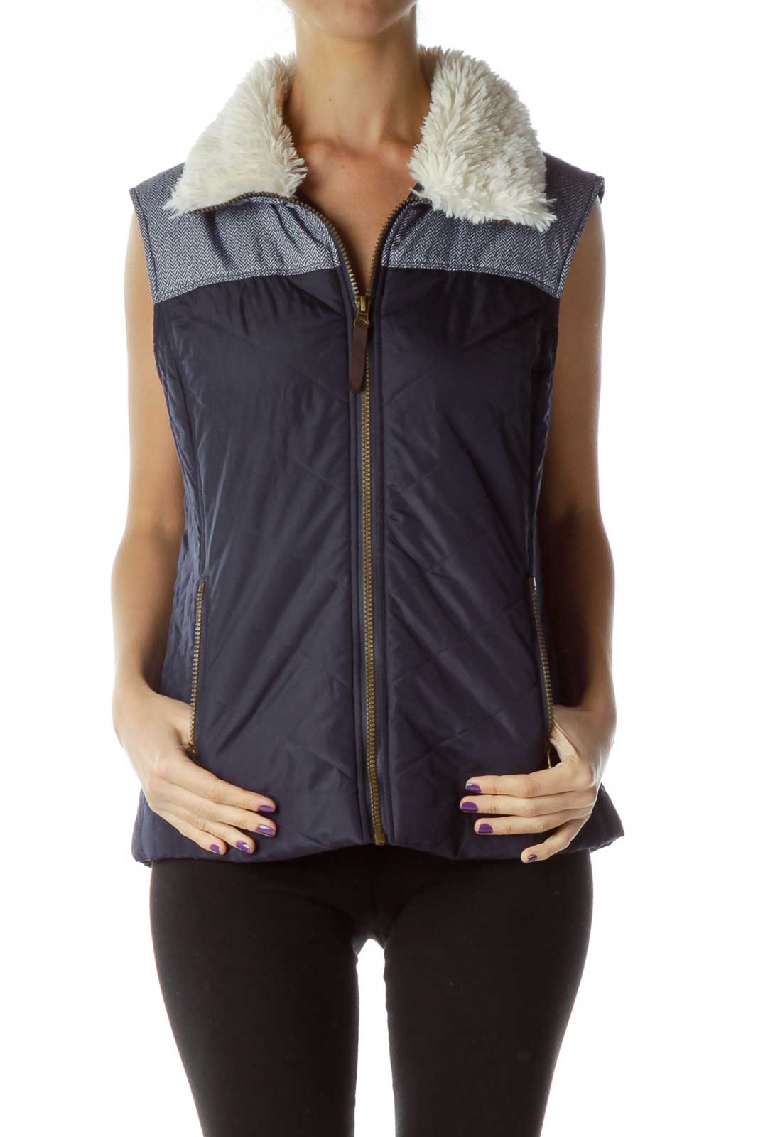 Blue Padded Vest with Faux-Fur Trim Front