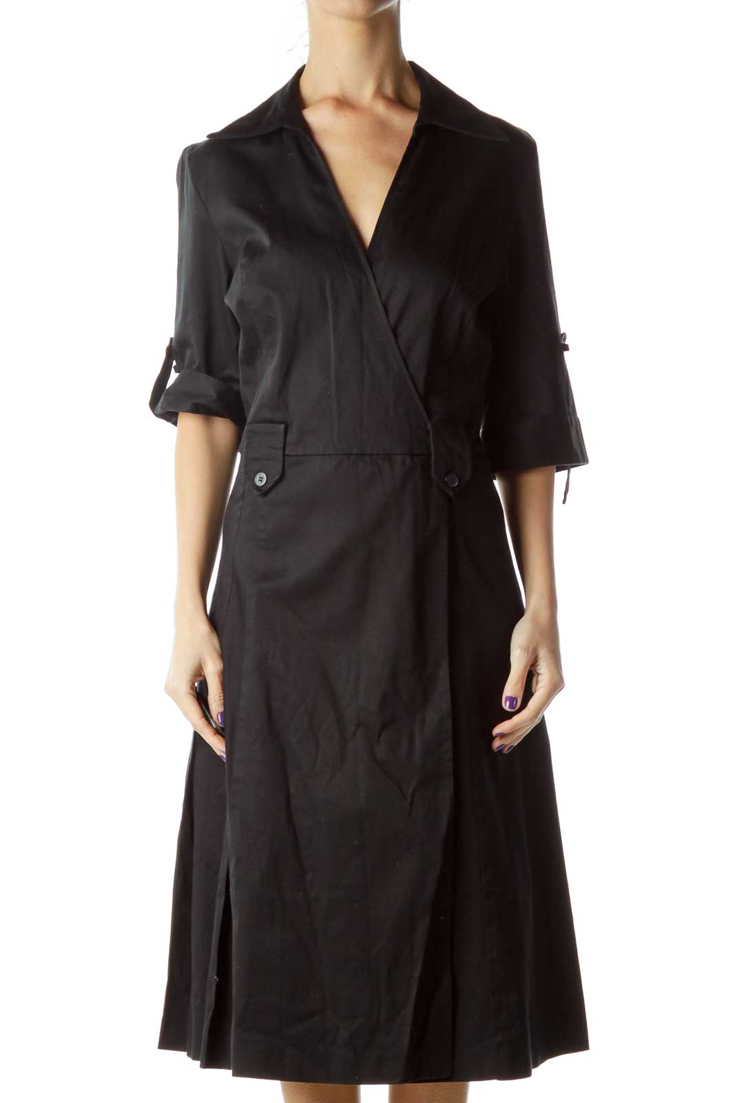 Black Pleated Collared Shirt Dress Front