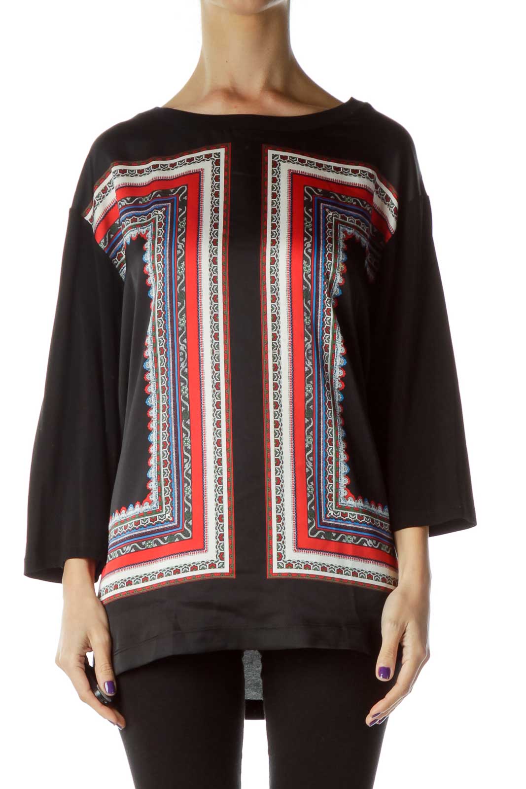 Black Red Printed Loose Blouse Front