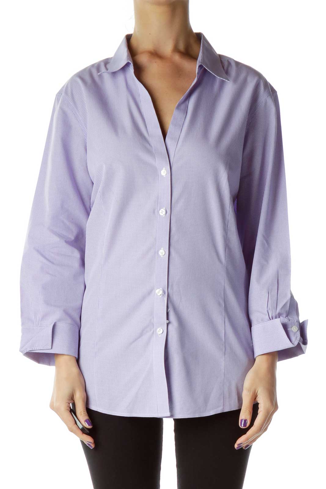 Purple Check 3/4 Sleeve Collared Shirt Front