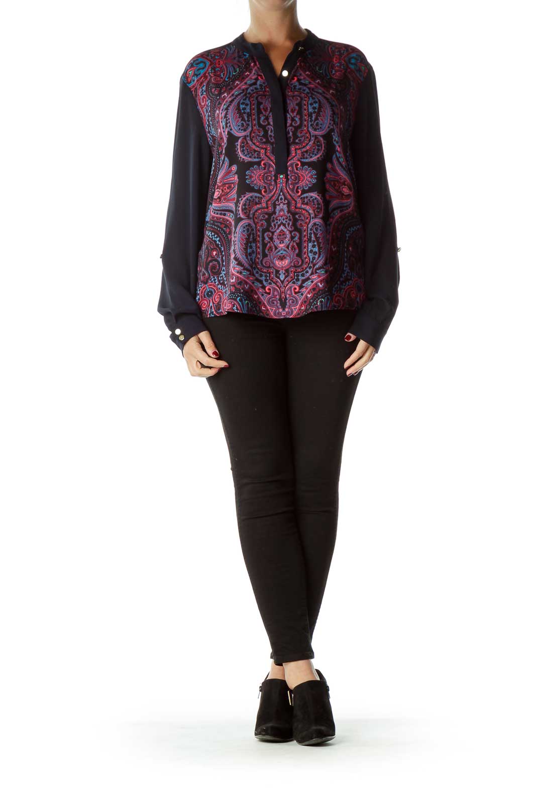 Adrianna Papell Blue Purple Paisley Print Top Polyester SilkRoll