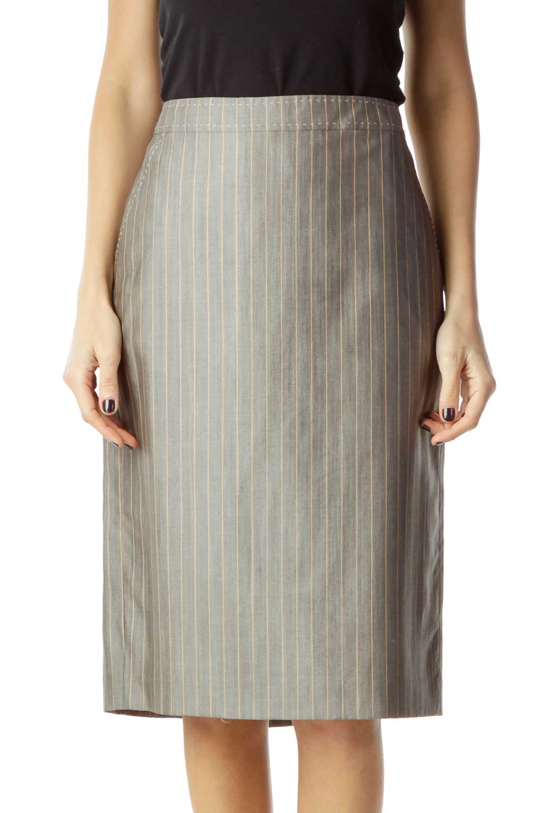 Gray Striped Wool Silk Pencil Skirt Front