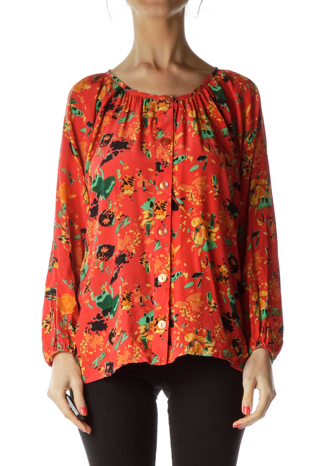 Orange Print Silk Blouse with Buttons Front