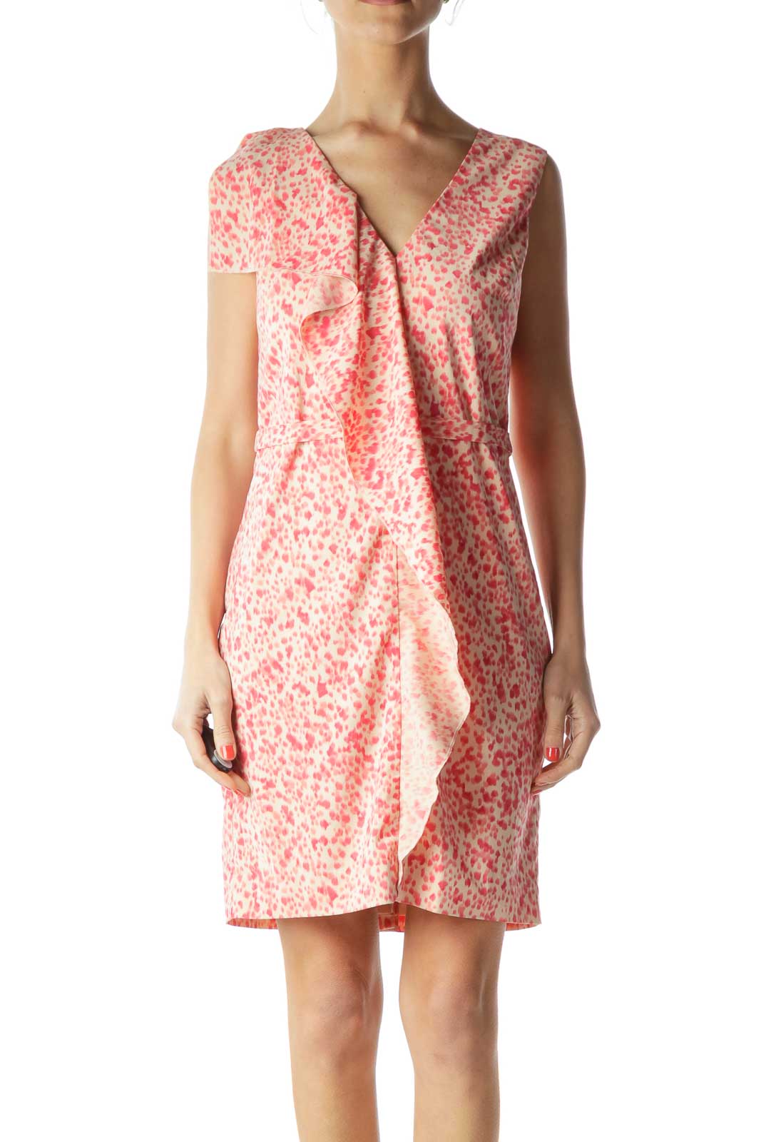 Beige Pink Ruffle & Print Work Dress Front