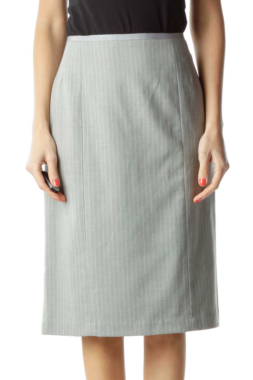 Gray Pinstripe Wool Pencil Skirt Front