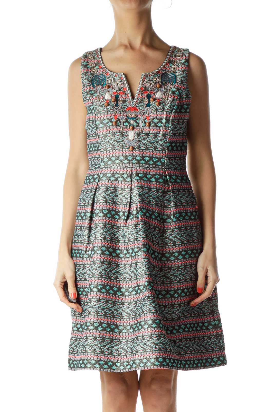 Multicolor Print Embroidered A-Line Dress Front