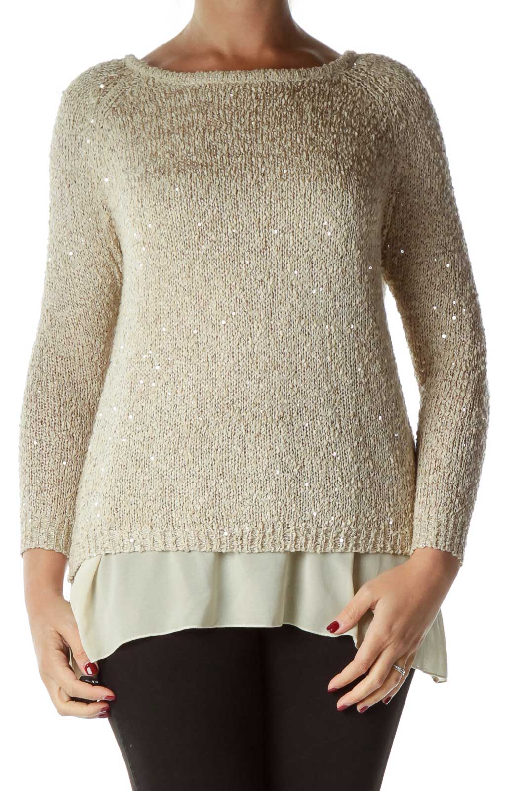 Beige Sequin Sweater Front