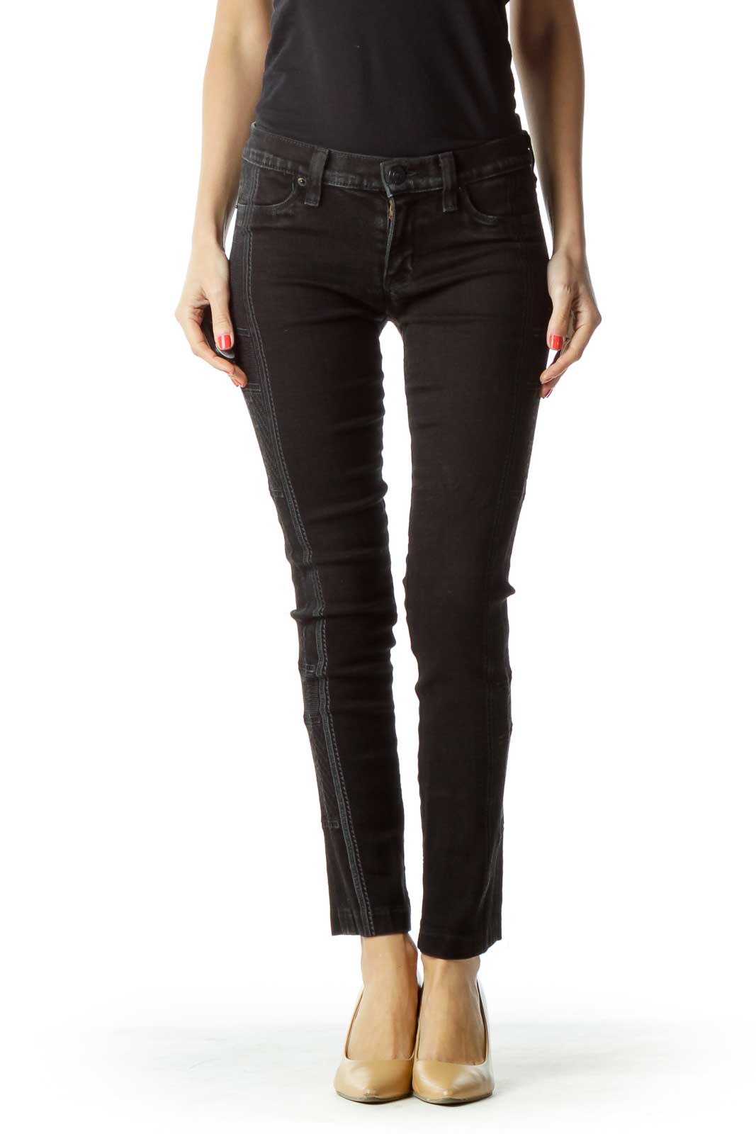 Black Embroidered Skinny Jean Front