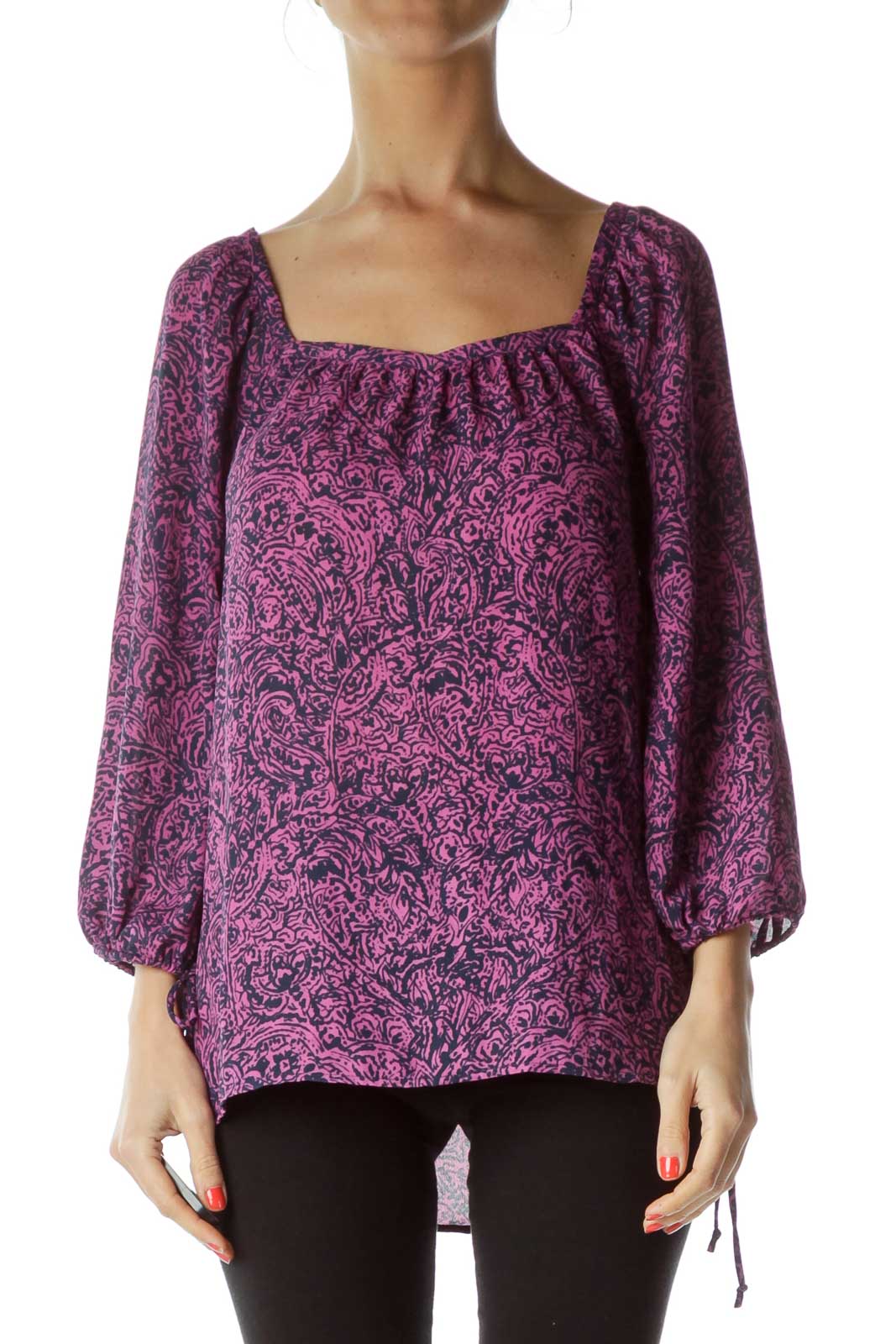 Purple Printed 3/4 Sleeve Blouse Front