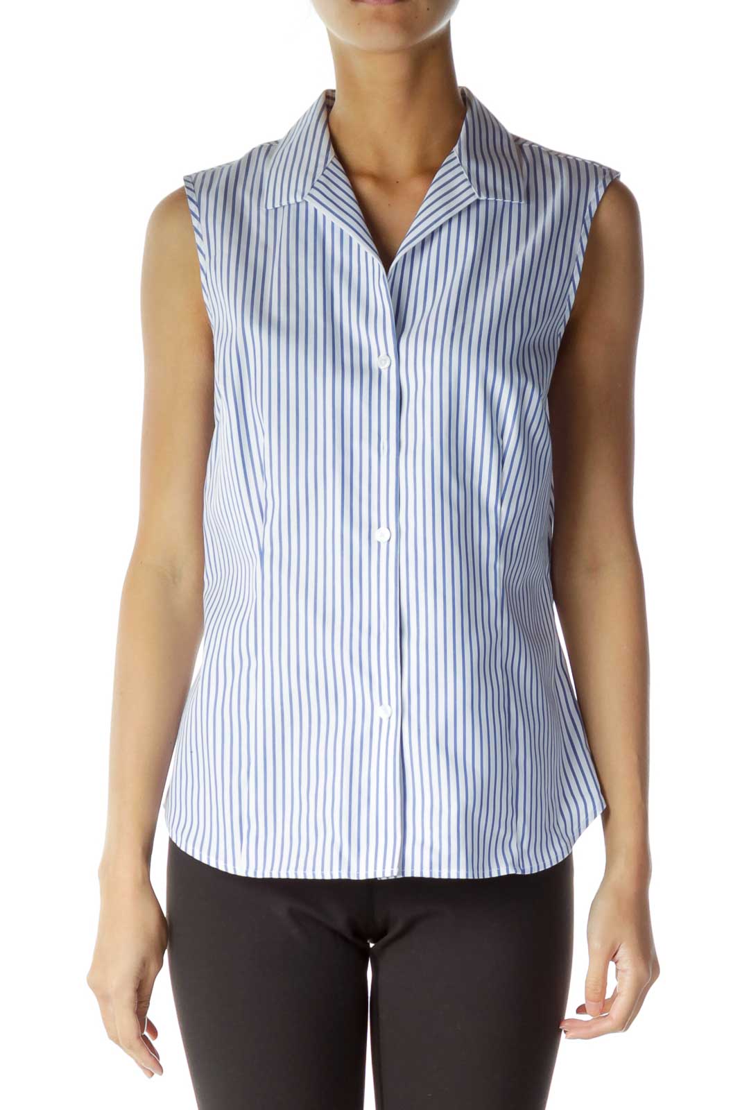 Blue White Striped Sleeveless Shirt  Front