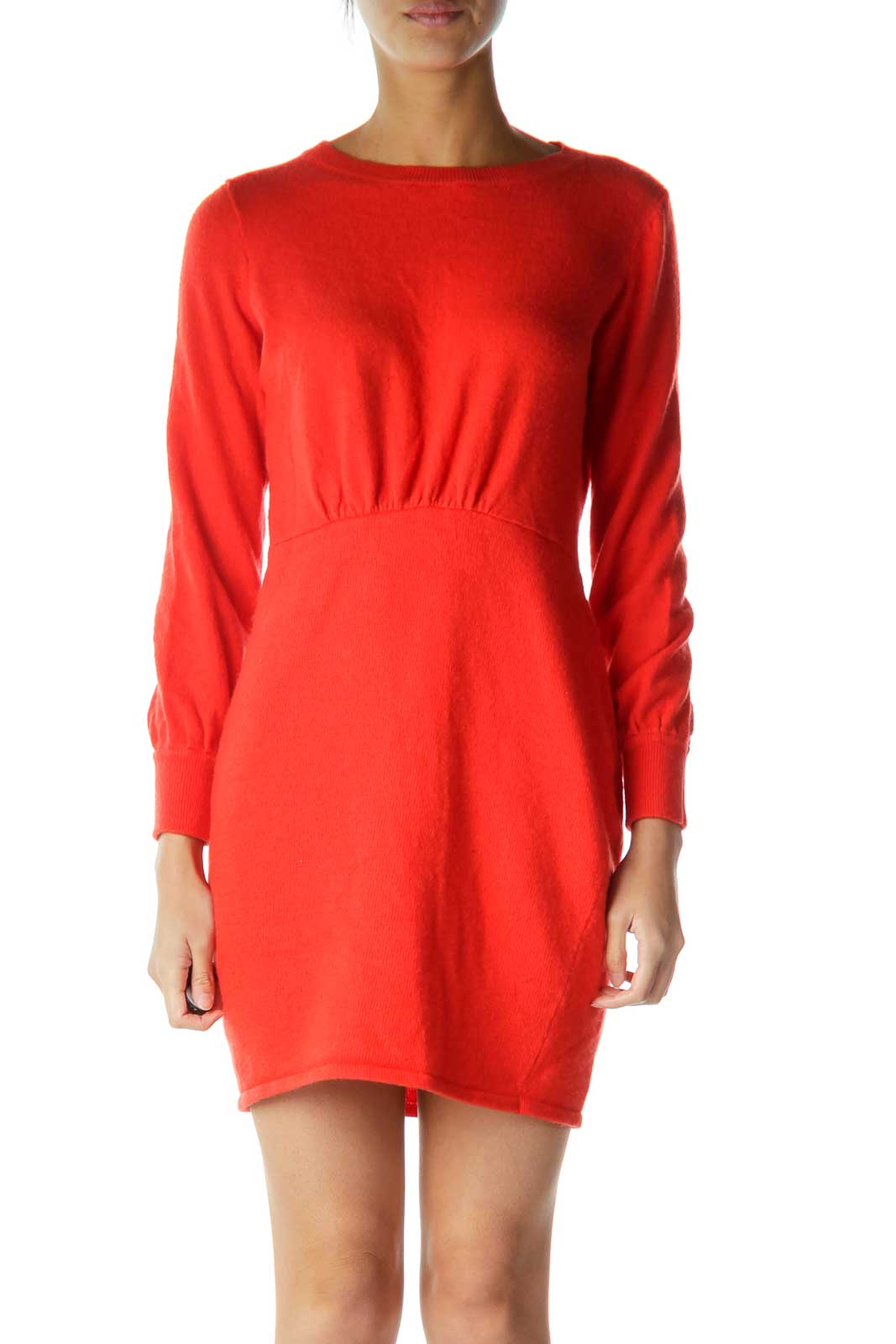 Red A-Line Long-Sleeve Knit Dress Front