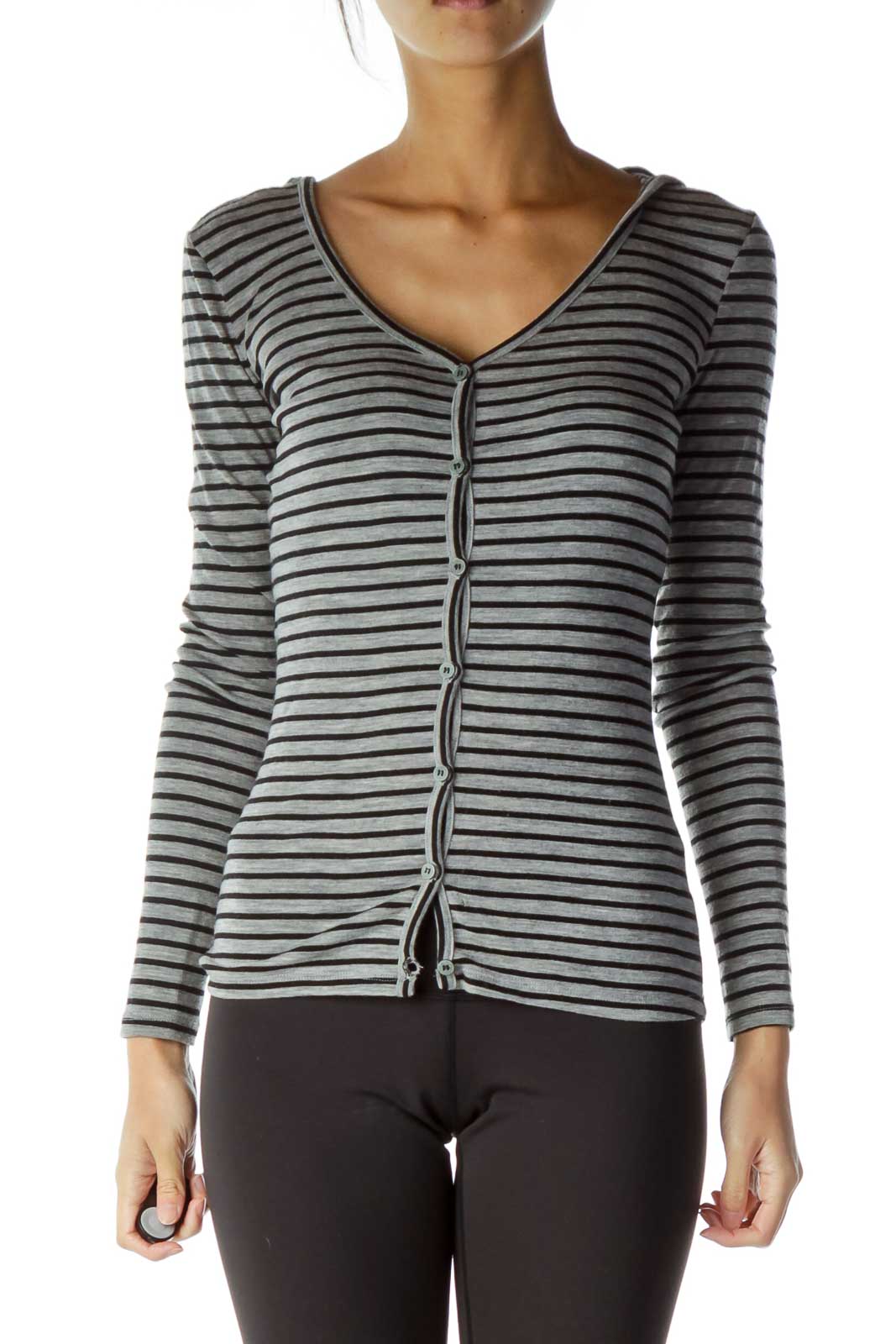 Black Gray Striped Hooded Cardigan Front