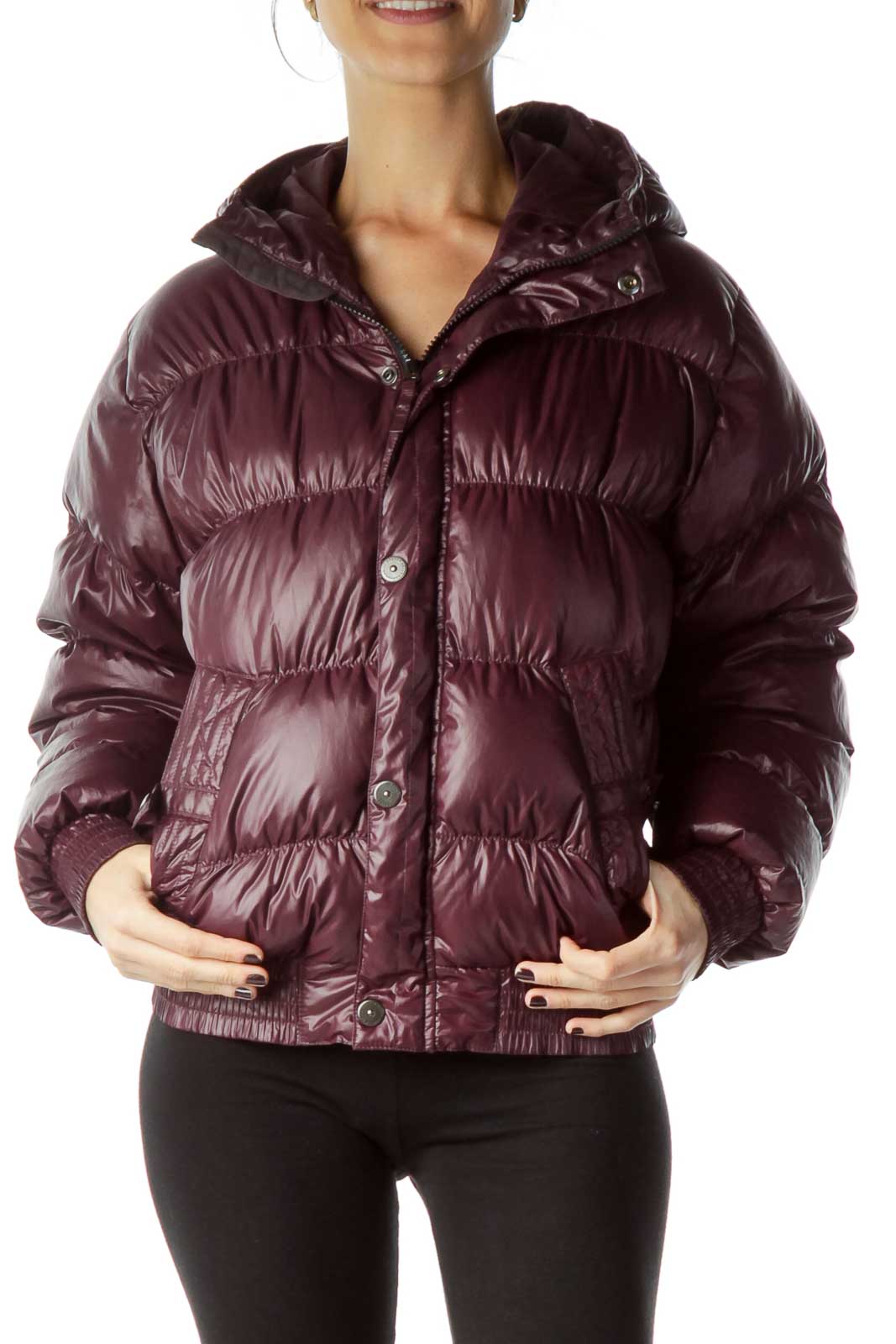 Burgundy Hooded Padded Down Jacket Front