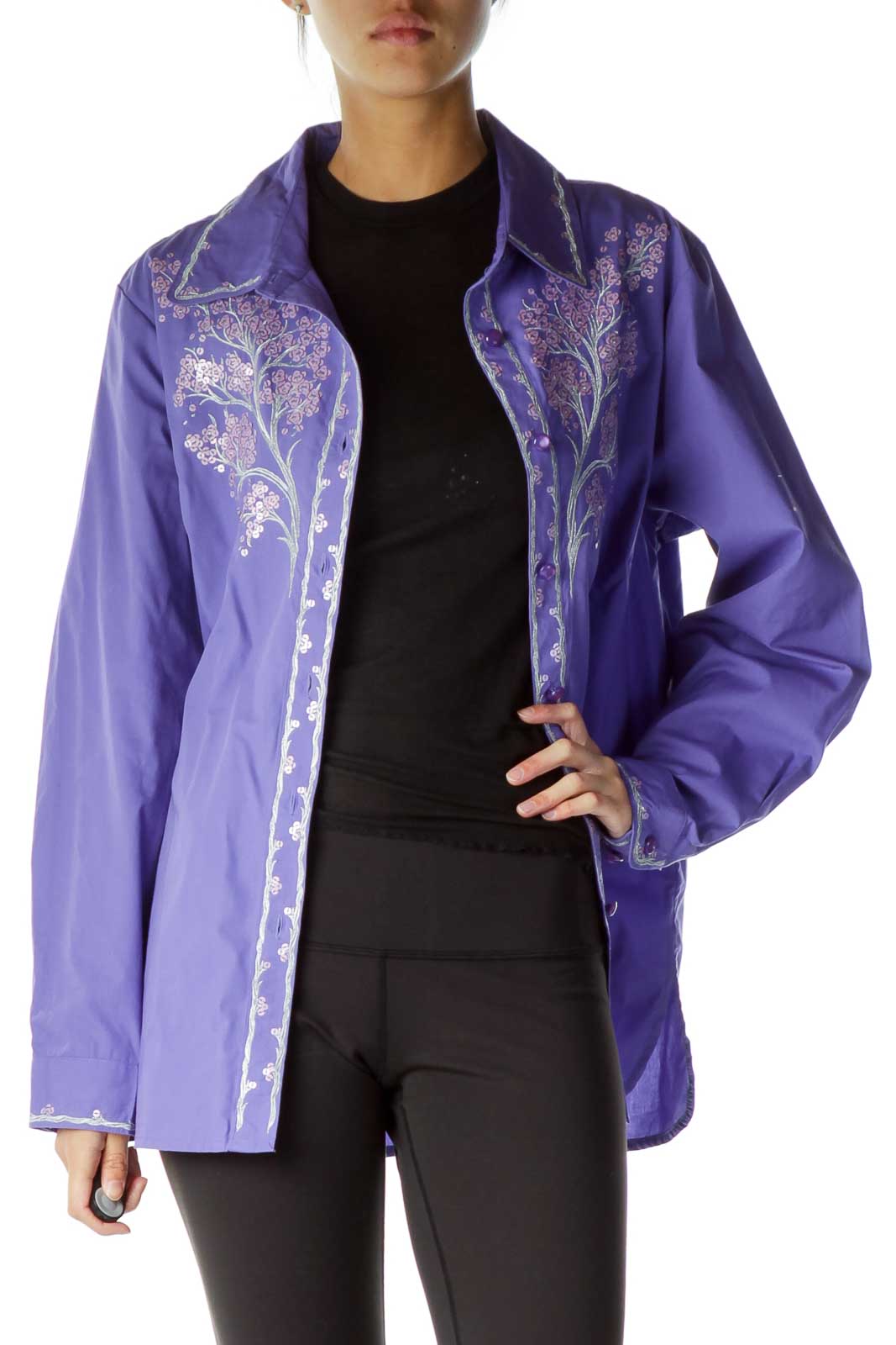 Purple Silver Sequined Embroidered Shirt Front