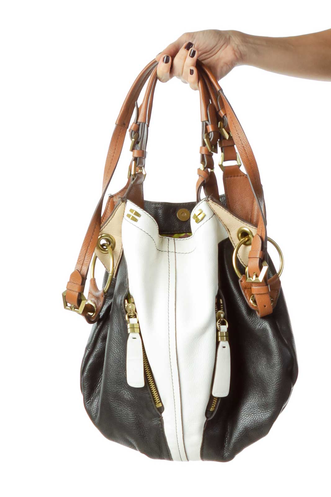 Black White Brown Leather Tote Front