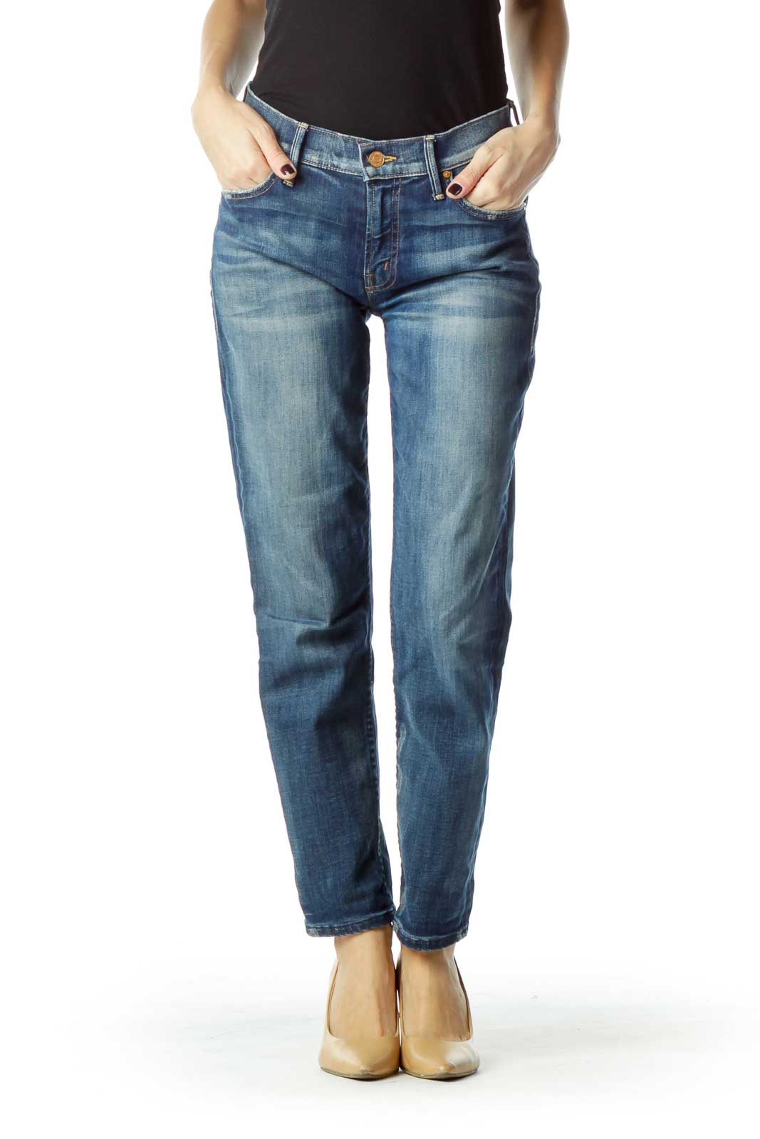 Straight Leg Jean with Distressed Pockets Front