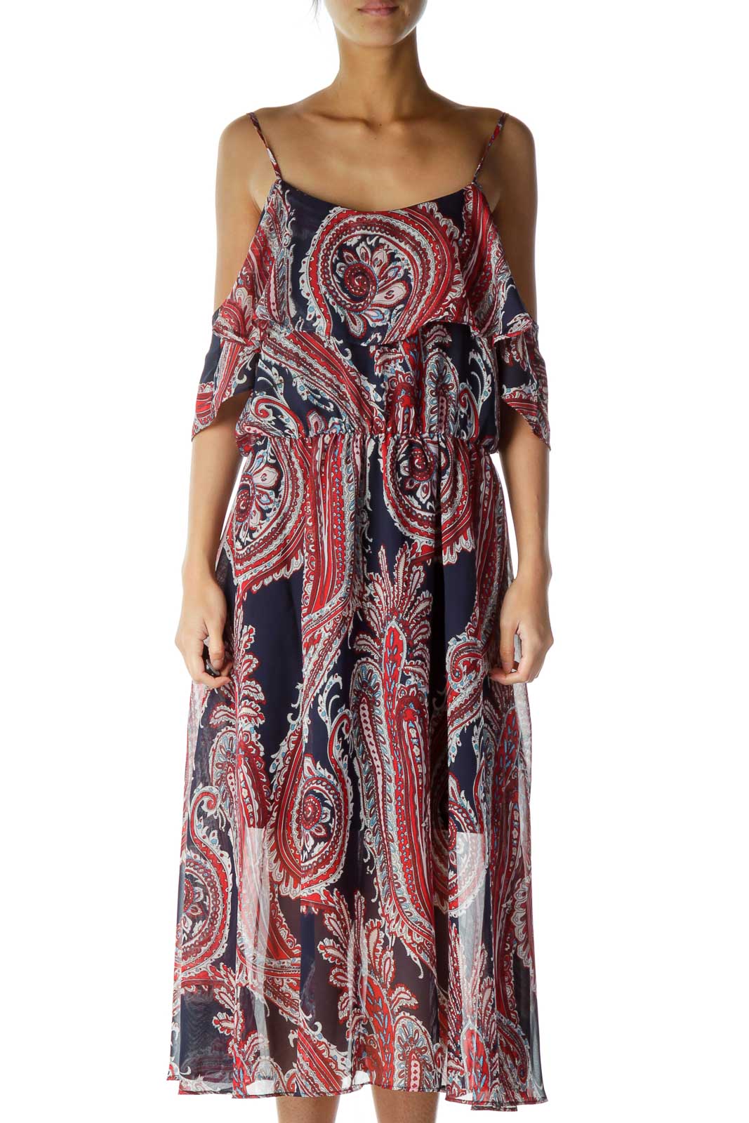 Red Blue Multicolor Print Loose Maxi Dress Front