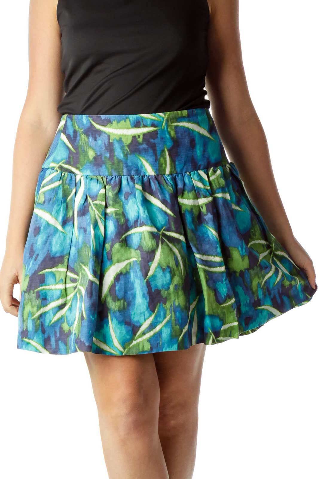 Blue Green White Tropical Print Skirt Front