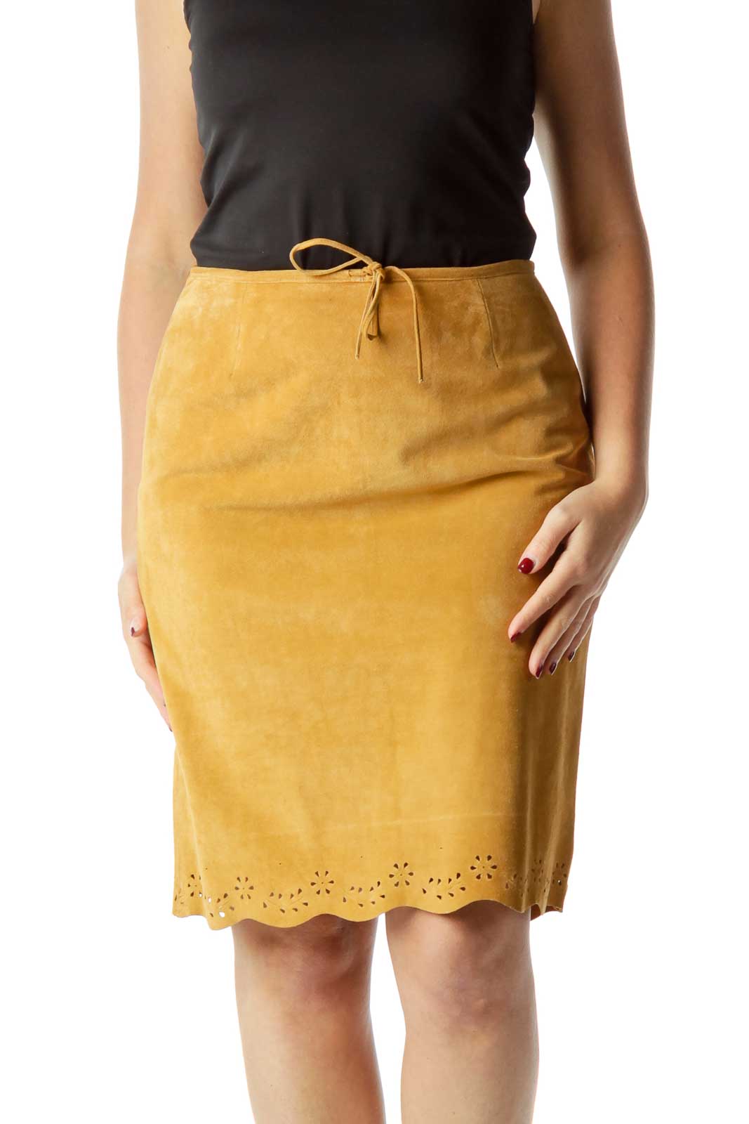 Brown Suede Drawstring Pencil Skirt Front