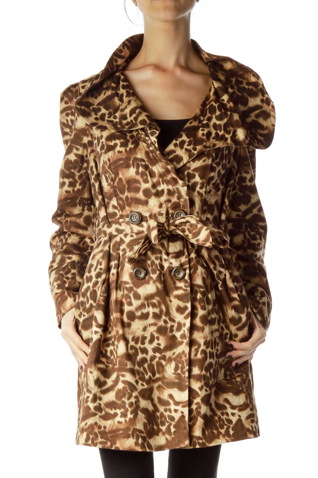 Brown Animal Print Trench Coat Front