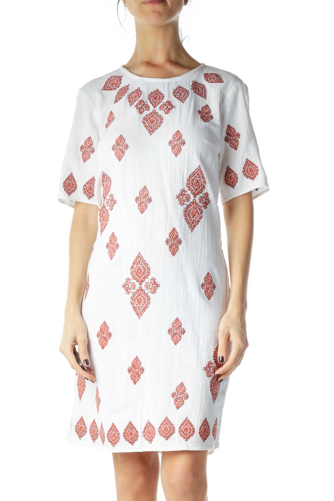 White Red Embroidered Cotton Dress Front