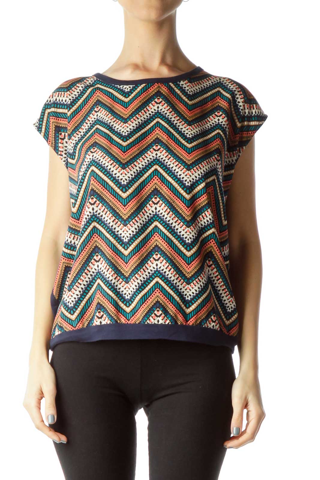 Navy Multicolor Print Sleeveless Top Front