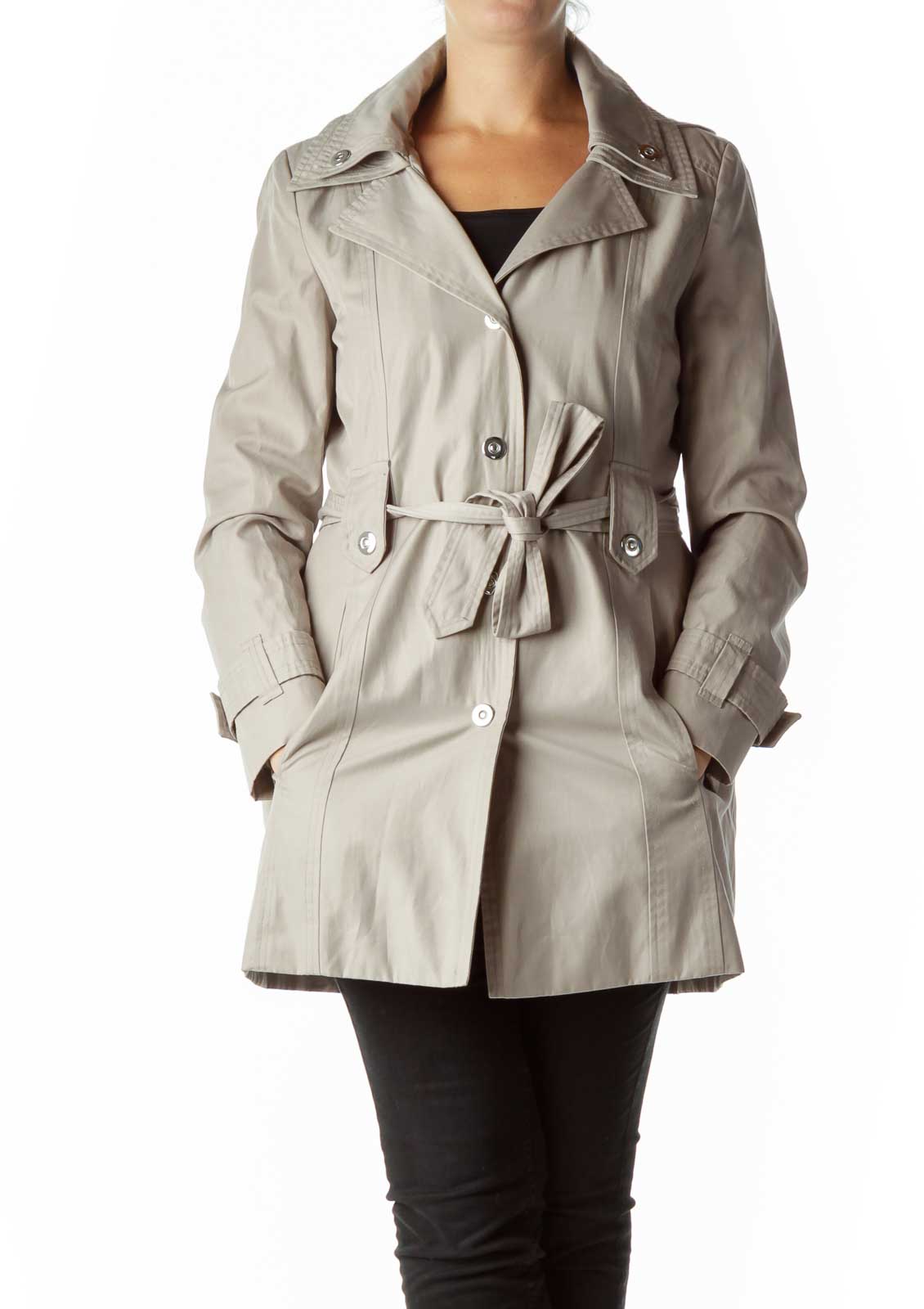 Beige Trench Coat with Hood Front